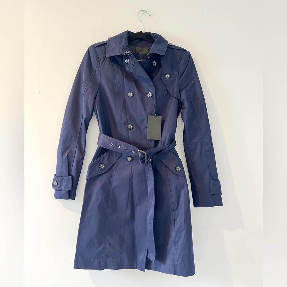 NWT Zara navy blue trench coat jacket cotton double breasted belted small - Picture 5 of 11